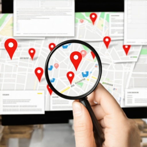 Close-up of magnifying glass checking business map pack pins on a screen