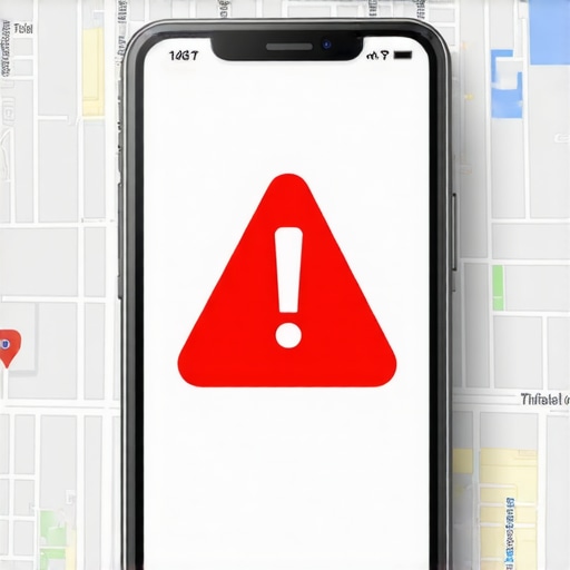 A smartphone showing a map listing with a warning icon representing SEO mistakes.