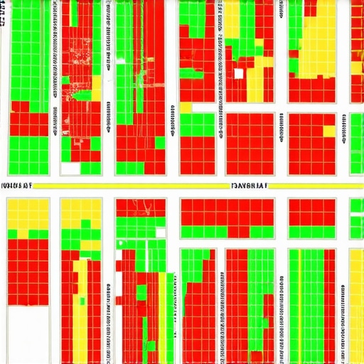 Local SEO grid tracking map showing rank fluctuations by neighborhood block.
