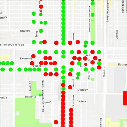 A localized ranking grid map showing map pack placement across different geographic points.