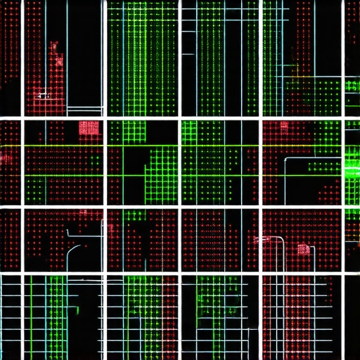 Local SEO Geo-Grid Ranking Visualization A digital map showing local SEO ranking strength using a color-coded grid of dots over a city layout.