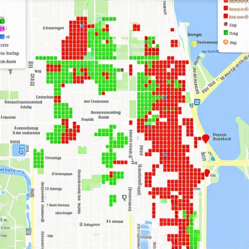 A heatmap showing business map pack ranking positions across a metropolitan area.