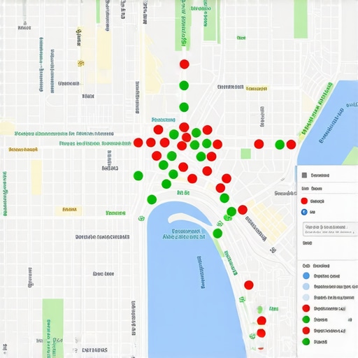 A visual grid tracking tool showing business map pack placement across different city blocks.