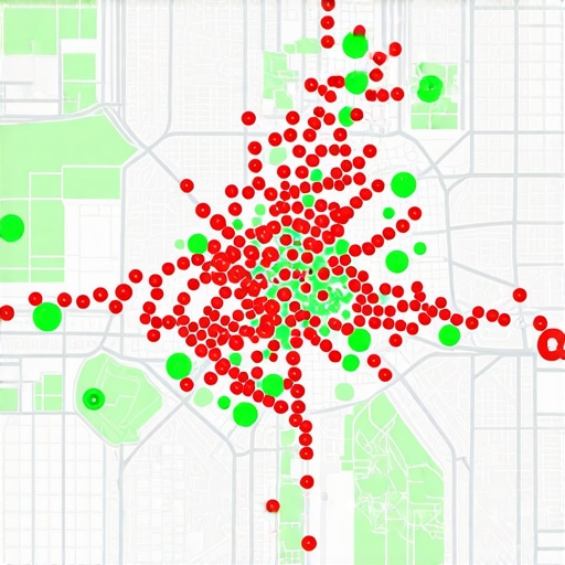 A digital map showing various green and red ranking circles across a city grid for local search tracking.