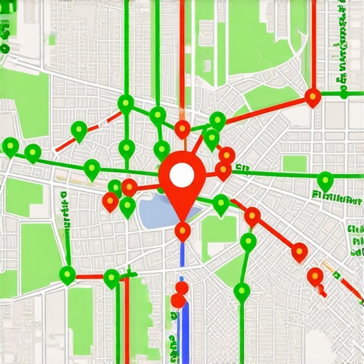 Visual representation of a Google Maps rank tracker showing business visibility across different neighborhoods.