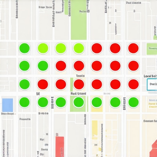A geographic heatmap showing business map pack rankings across a local neighborhood.
