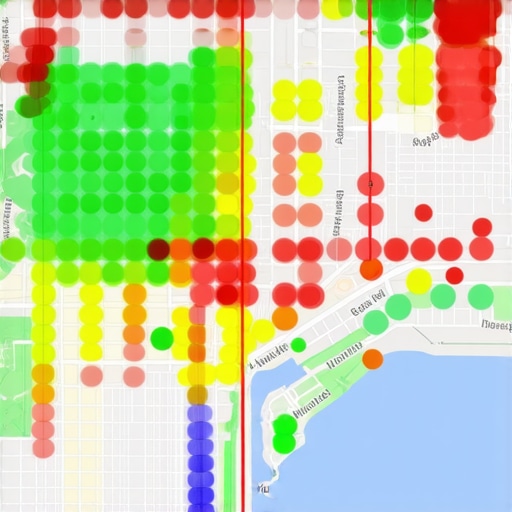 A geographic rank tracking grid showing the variation of business map pack rankings across different city blocks.