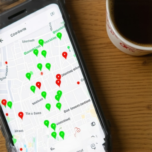 A smartphone showing a local map ranking grid with green and red performance indicators.