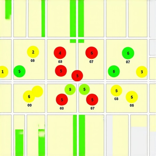 A visual map showing how a business ranks in the map pack at different physical locations across a city.