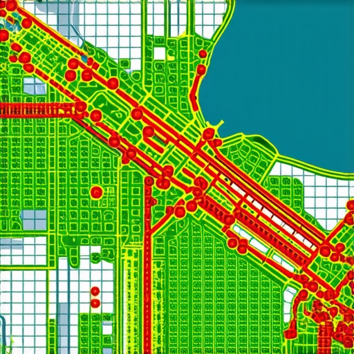 A visualization of how a business map pack rank varies across different city blocks using a grid tracking tool.