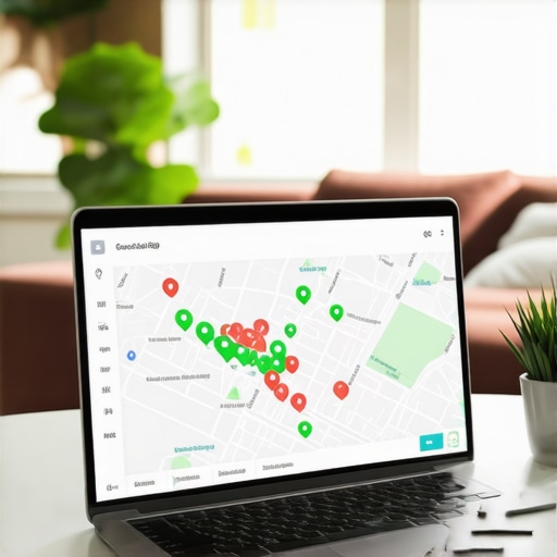 A laptop screen showing a grid tracking tool for monitoring business map pack performance across a neighborhood.