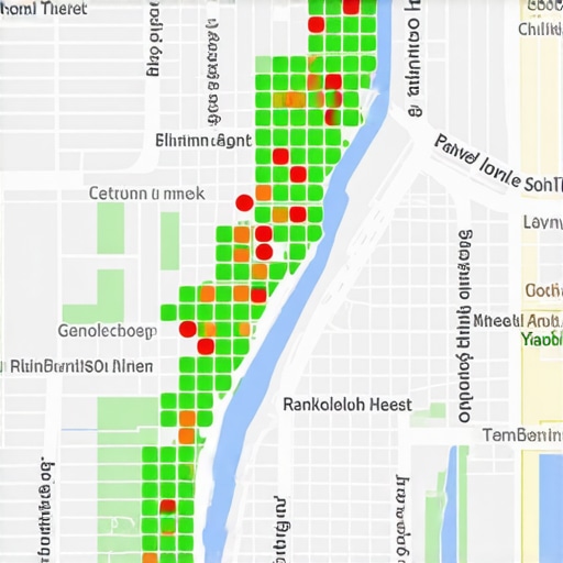 A map with a grid overlay showing local search rankings for a business in different neighborhoods.