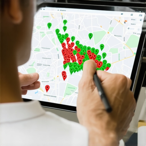 A tablet displaying a local search grid tracker with various ranking pins across a city map.