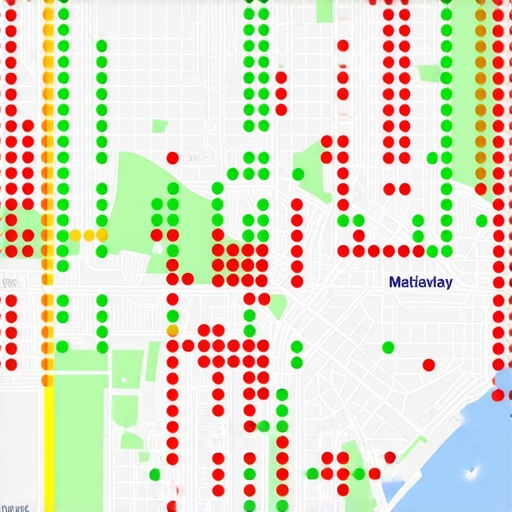 A digital grid overlay on a city map showing local SEO ranking performance by proximity.