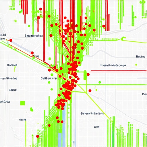 A digital map showing a grid of business rankings with green and red indicator dots.