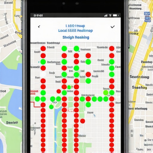 A search ranking heatmap showing business map pack performance across a neighborhood.