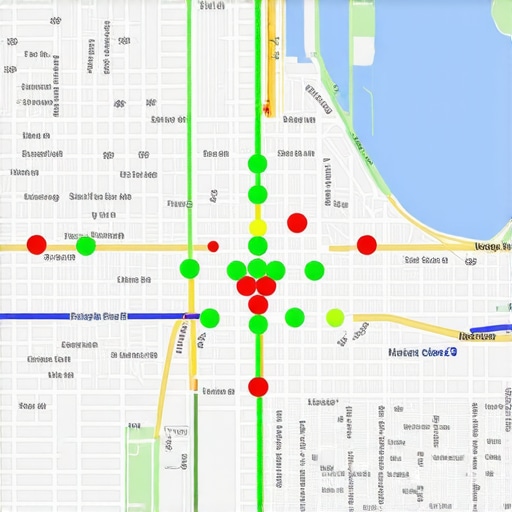 A map-based grid showing local search ranking performance for a business across different geographic points.