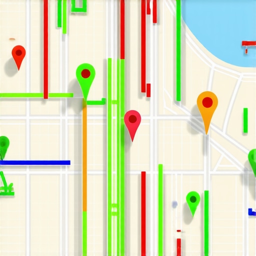 A 3D heat map showing local map pack rankings across a city grid with green and red data points.