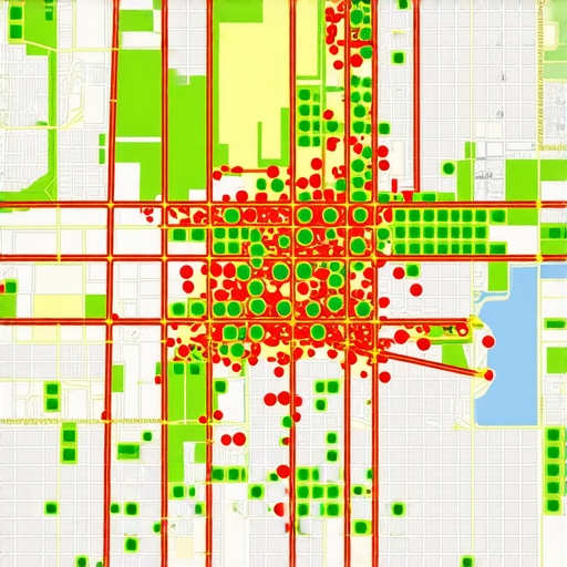 A grid-based ranking map showing a business's local pack placement across various city blocks.