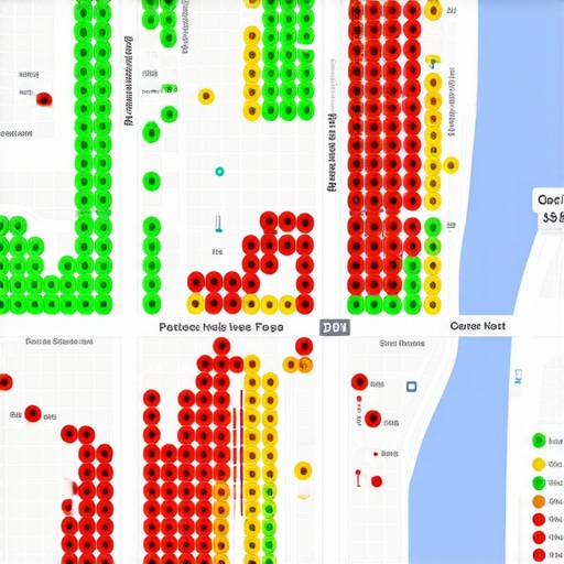 Visualizing local map pack rankings across a city grid with green and red data points.