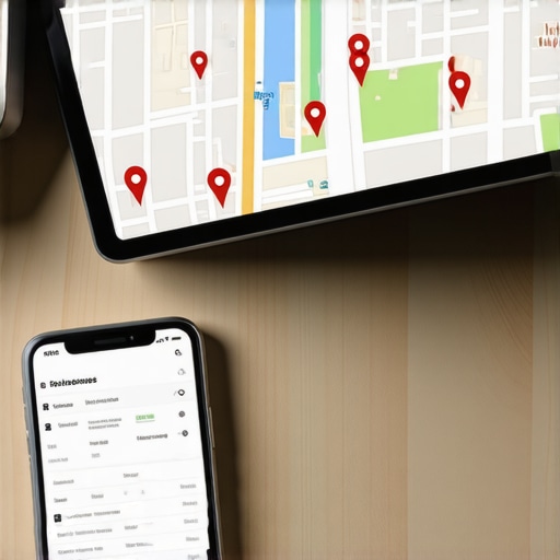 A laptop showing local search map pins and analytics alongside a smartphone with business profile metrics.