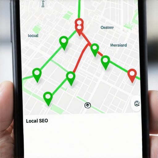 A smartphone showing a geo-grid local ranking map with green pins indicating top local search performance.