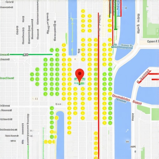 A visual grid tracking tool showing local map pack placement across different city locations.