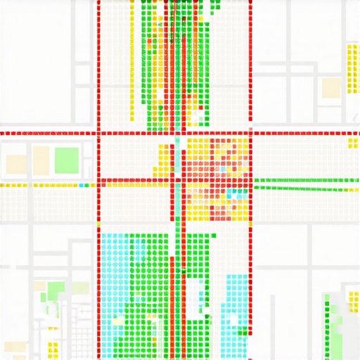 A visualization of a business map pack grid search showing proximity ranking fluctuations across a city neighborhood.
