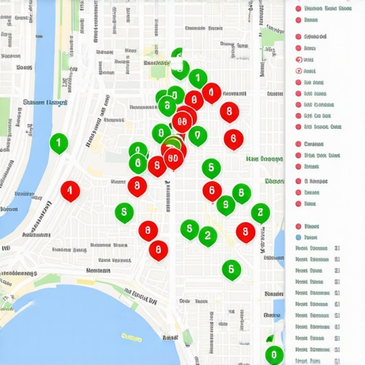 Grid tracking tool showing business map pack rankings across a local area.