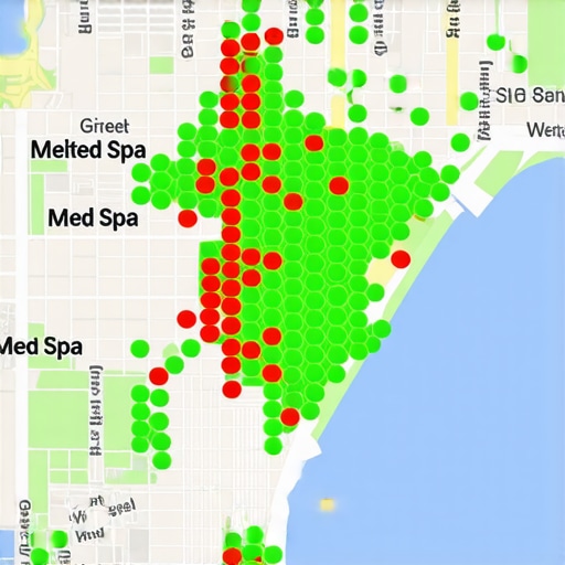 A local search ranking heatmap showing a business's map pack performance across a city.