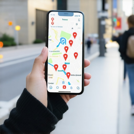 Smartphone displaying Google Map search results for local businesses in a city environment.