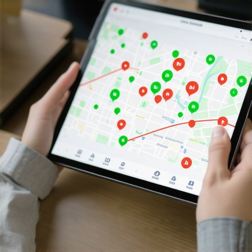 A tablet displaying a local SEO ranking grid with green and red nodes over a map.