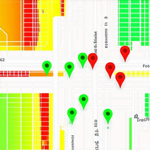 A grid-based heat map showing local map pack rankings across different geographic coordinates.