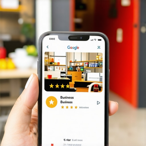 A business owner checking their local map pack performance on a smartphone outside their storefront.