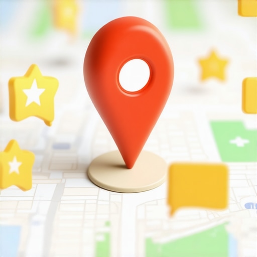 A glowing Google Map pin surrounded by fresh reviews and stars symbolizing high local search ranking.