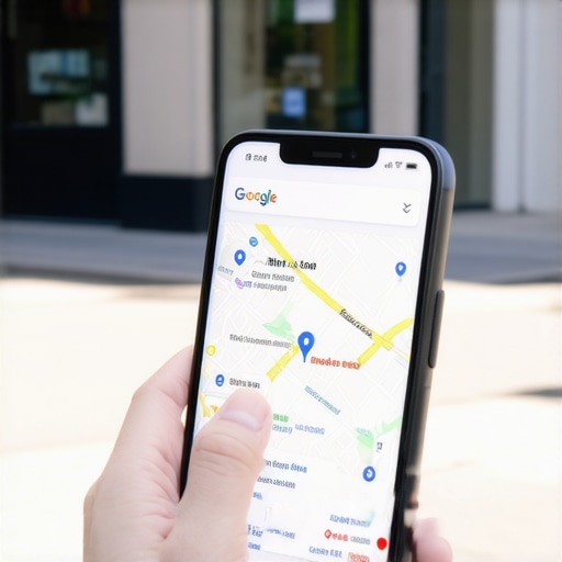 A person checking local business map pack rankings on a smartphone while walking on a city street.