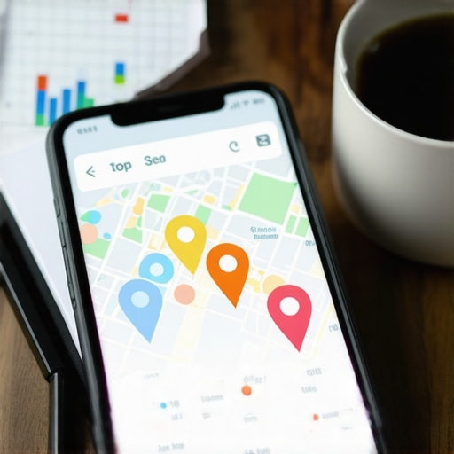 Smartphone displaying local map pack rankings next to SEO data charts on a tablet.