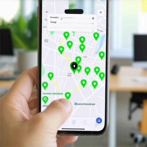 A smartphone showing a local SEO grid tracking tool with green ranking markers for a business map pack.