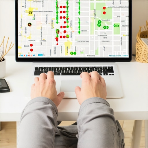 A business owner reviewing their local map pack placement using a grid tracking tool on a laptop.