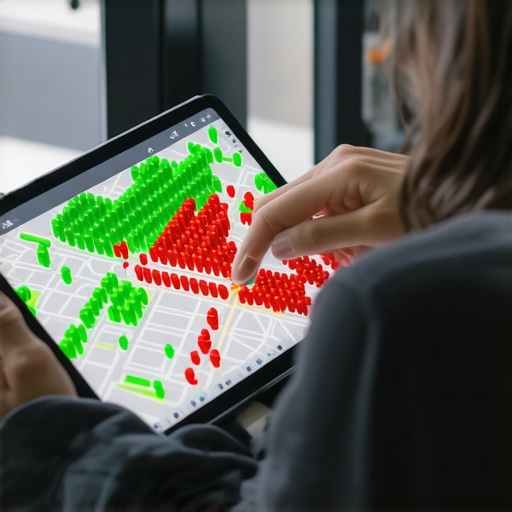 A business owner checking a local search ranking grid on a tablet showing green and red performance markers across a city map.