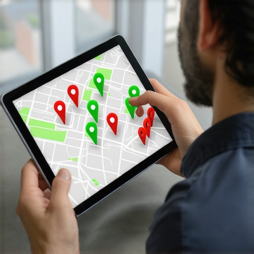 Local business owner using a digital tablet to monitor real-time business map pack rankings and grid data.
