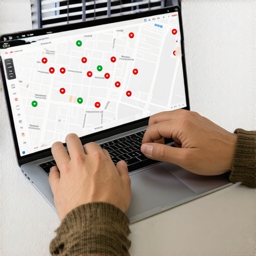 Digital marketing expert checking local pack entry status on a ranking map grid with location markers.