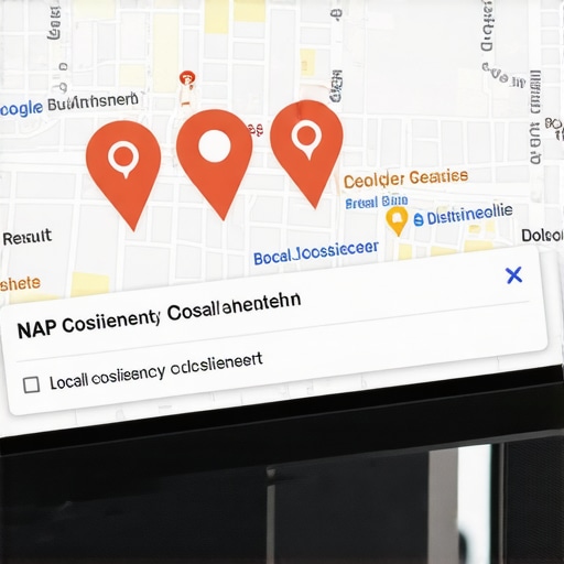A laptop showing local map rankings and a checklist for data accuracy.