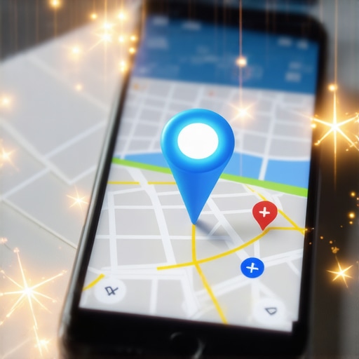 A smartphone screen visualizing localized search signals and map pins for digital optimization.