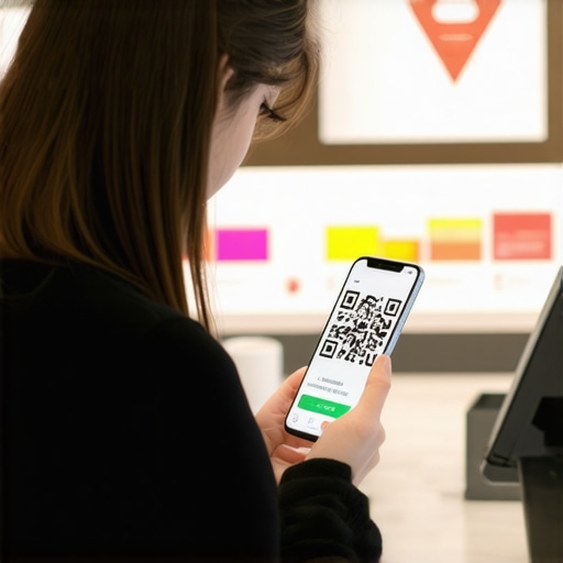 A person scanning a QR code in a store to demonstrate how foot traffic translates into local SEO signals for a business map pack.