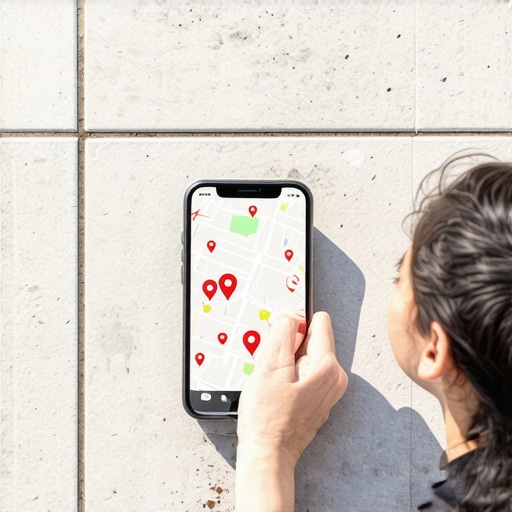 A person checking local map rankings on a smartphone in an urban area
