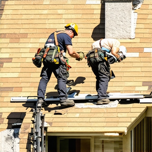 Professional roofing crew installing shingles on a residential home to demonstrate local business activity.