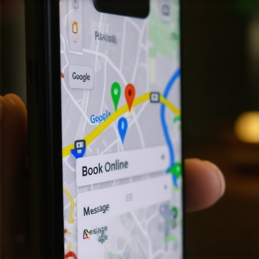 Mobile phone showing interactive Google Map pack listings with booking and messaging buttons