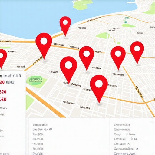A map screen showing red warning markers over virtual business addresses.