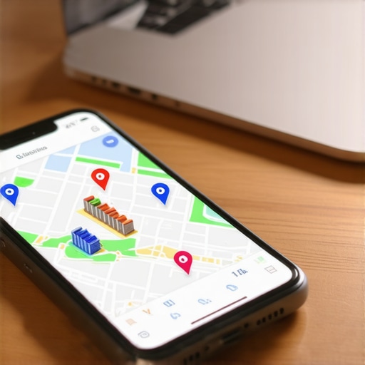 A smartphone showing local map search results with pin locations on a wooden desk